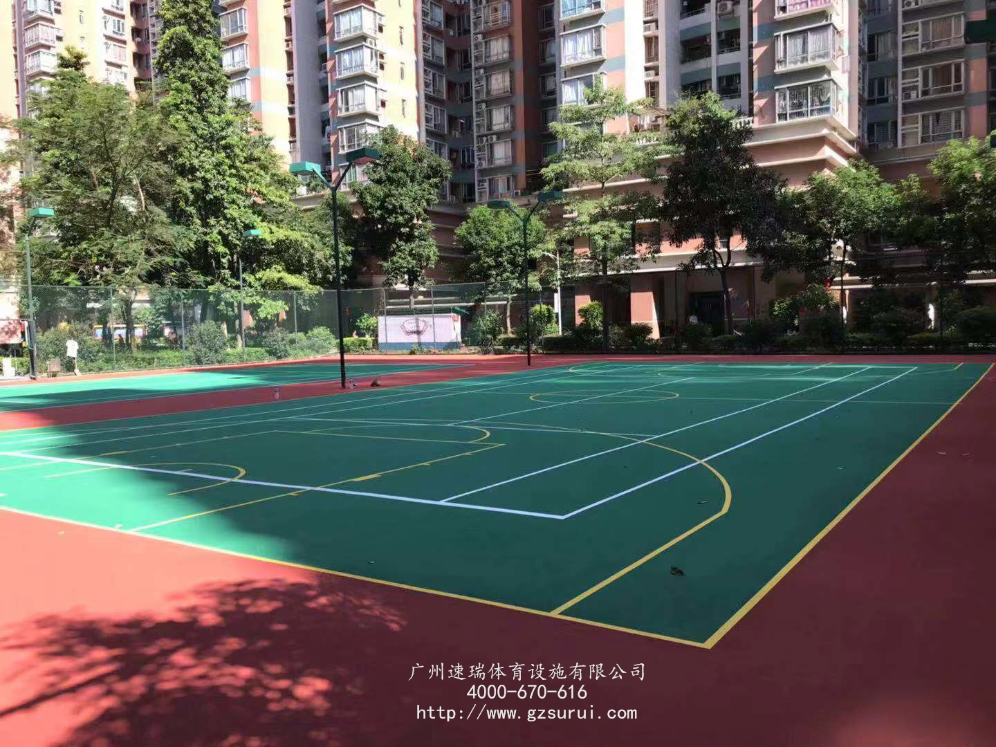 廣州芳村花園小區(qū)丙烯酸藍球場羽毛球場翻新工程竣工“速瑞體育”